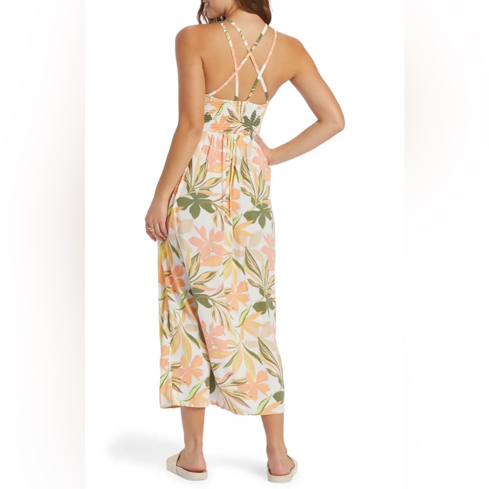 Roxy Floral Halter Maxi Dress in Peach, Olive & Cream Floral Print, L - Picture 2 of 10